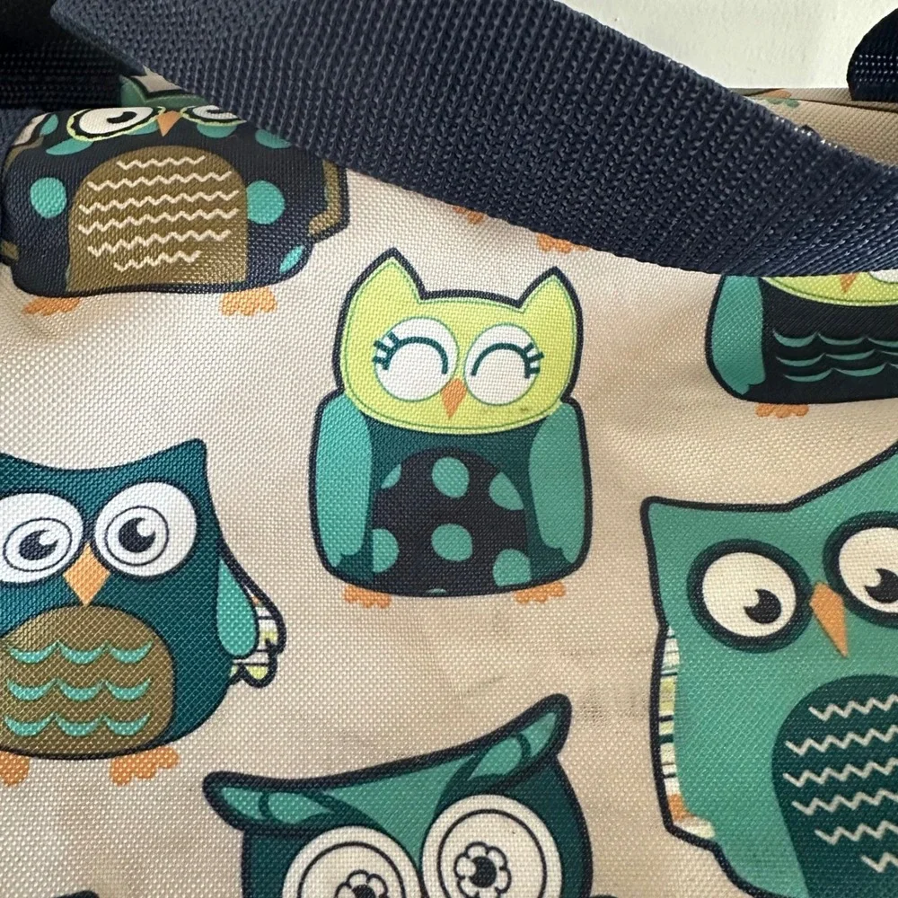Thirty One Medium Utility Tote Hoo's Happy Owl Print Teal Green Storage Bag 18x9